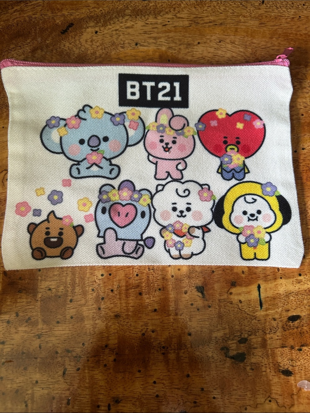 BT21 Floral Character Canvas Pouch - White with Pink Trim